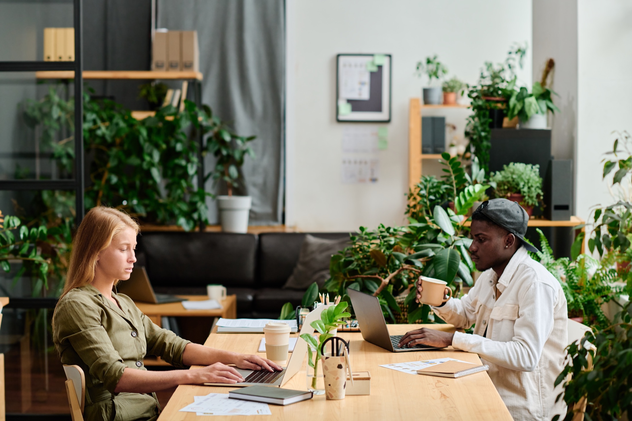 Two people working together in a modern green office