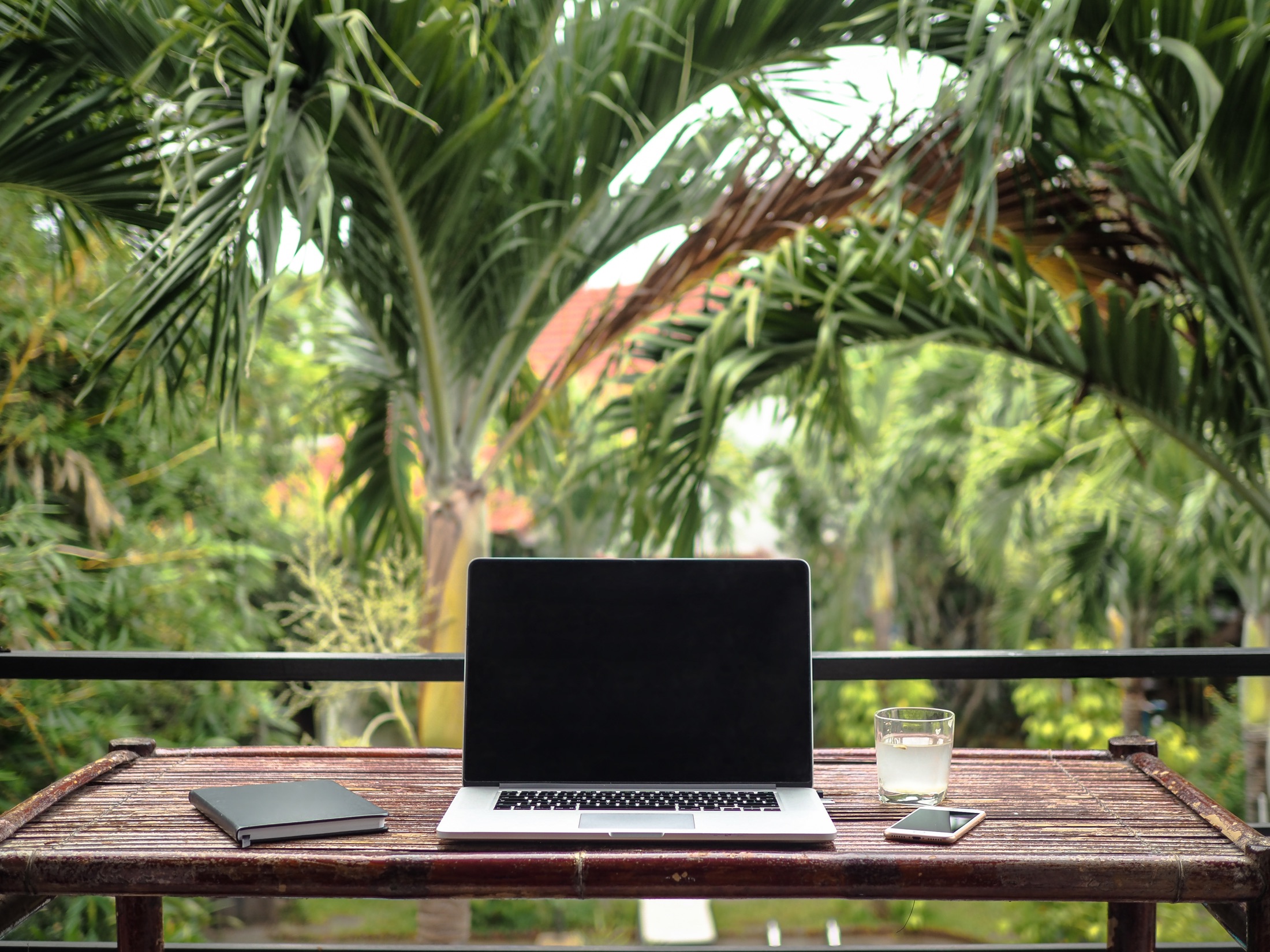 Laptop on a tropical terrace with palm trees for remote work